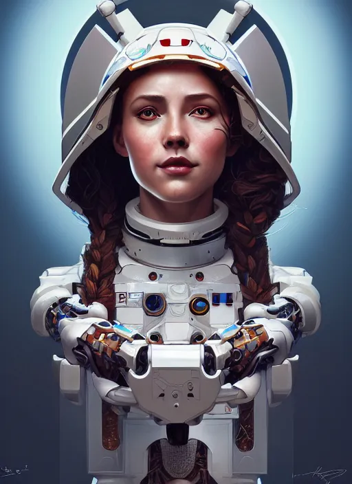 Image similar to symmetry!! portrait of a hybrid robot astronaut, round machine face, floral! horizon zero dawn machine, intricate, elegant, highly detailed, digital painting, artstation, concept art, smooth, sharp focus, illustration, art by artgerm and greg rutkowski and alphonse mucha, 8 k