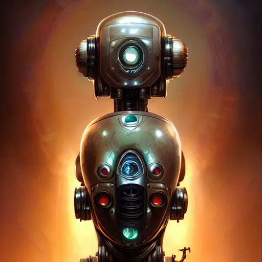 Image similar to front shot of a cyberpunk gazmask robot character, intricate, elegant, highly detailed, centered, digital painting, artstation, concept art, smooth, sharp focus, illustration, artgerm, Tomasz Alen Kopera, Peter Mohrbacher, donato giancola, Joseph Christian Leyendecker, WLOP, Boris Vallejo