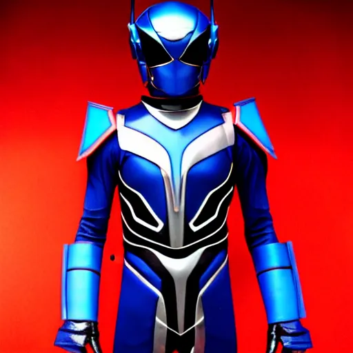 Image similar to Hard Science Fiction Kamen Rider, dark blue armor with red secondary color glowing eyes, daytime, grey rubber undersuit