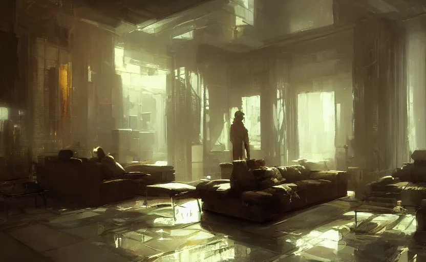 Image similar to a luxury high tech apartment interior, painting by Craig Mullins, interior design, victorian style, octane rendering, warm moody lighting, wide angle lens, low view, in the style of blade runner