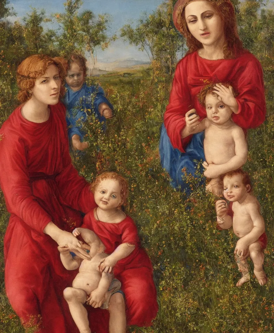 Image similar to Detailed Portrait of Madonna, curly red hair red shirt blue cloth, with infant Jesus, holding a thin cross and talking with another boy in front in the style of Raffael. They are sitting in a dried out meadow trees near Florence tuscany, red poppy in the field. The horizon is blue, there is a blue lake with a town and blue mountains. Flat perspective.