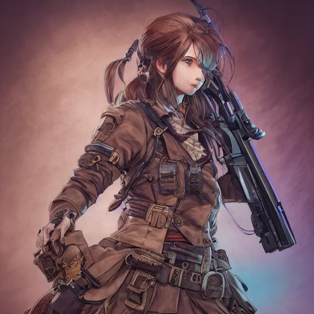 Image similar to the portrait of lawful neutral semi - colorful female infantry gunner as absurdly beautiful, gorgeous, elegant, young anime girl, an ultrafine hyperdetailed illustration by kim jung gi, irakli nadar, intricate linework, bright colors, octopath traveler, final fantasy, unreal engine 5 highly rendered, global illumination, radiant light, detailed and intricate environment