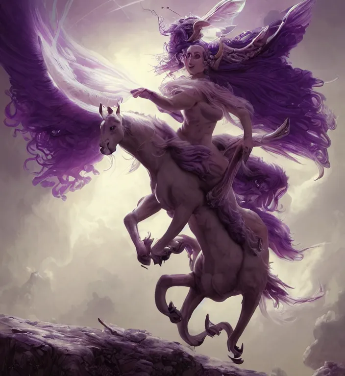 Image similar to a majestic female centaur with white wings and with a horn on the forehead and purple hair and elf ears, backlit, strong rim light, highly detailed, digital painting, by Alvaro Castagnet + Peter Mohrbacher + Dan Mumford + vivid colors + high contrast, 8k resolution, intricate, photorealistic, smooth