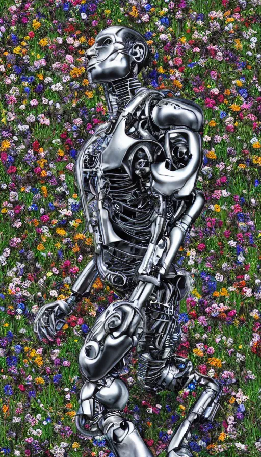 Image similar to photo of destroyed realistic terminator lying in a field of flowers, twisted, chrome, reflections, anthropomorphic, photorealism, smoke, 8 k, wires, smooth, sharp focus, top view, extremely detailed, hyperrealism, elegant, establishing shot, by jeff koons, artgerm and greg rutkowski