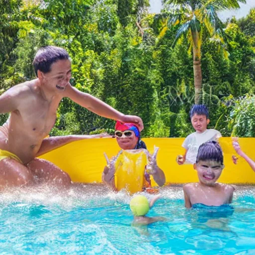 Image similar to swimming pool with yellow water, family splashing in water