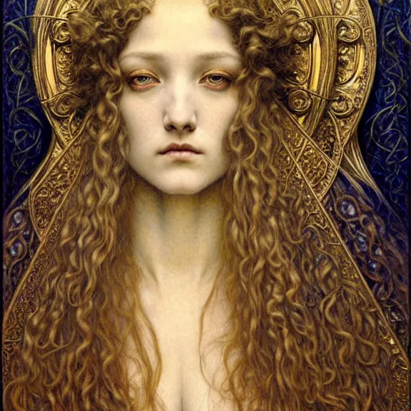 Image similar to detailed realistic beautiful young medieval queen face portrait by jean delville, gustave dore and marco mazzoni, art nouveau, symbolist, visionary, gothic, pre - raphaelite. horizontal symmetry