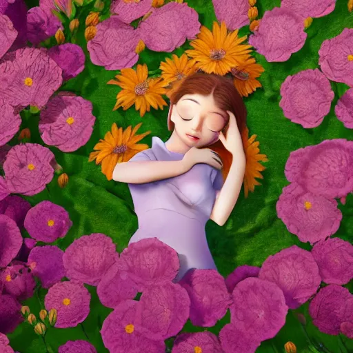 Image similar to girl sleeping on a big flower, illustrated painting, incredible details, highly detailed, photorealistic, disney pixar, smooth, octane render, iridescent, 8 k