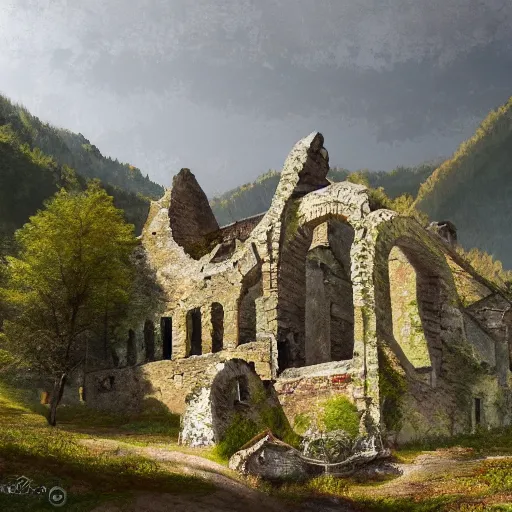 Image similar to ruins on top of mountain in the village of verclause france, digital painting, realism, 4 k,