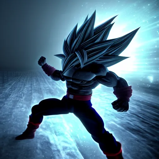 Prompt: full shot of angry darkness goku super saiyan at moonlight, snowing, detailed, unreal engine 4k volumetric light, fog,