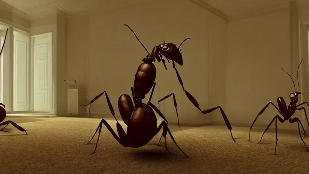 Image similar to the giant ant in the living room, film still from the movie directed by Denis Villeneuve with art direction by Salvador Dalí, wide lens