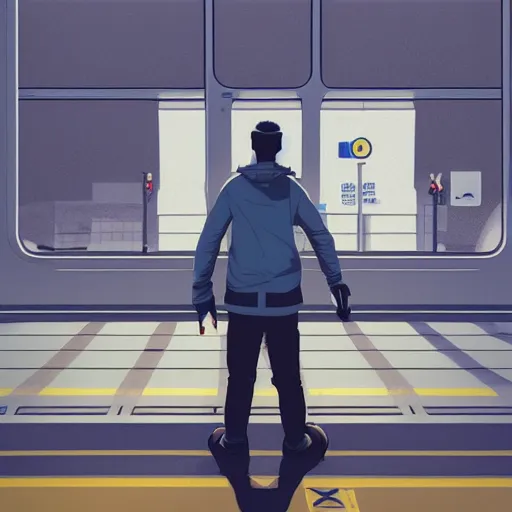 Prompt: a man waiting for a train at a train station, cyberpunk art by tomer hanuka, cgsociety, photorealism, matte drawing, digital illustration, digital painting