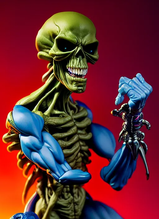 Prompt: hyperrealistic rendering, skeletor by bernie wrightson and killian eng and joe fenton, product photography, action figure, sofubi, studio lighting, colored gels