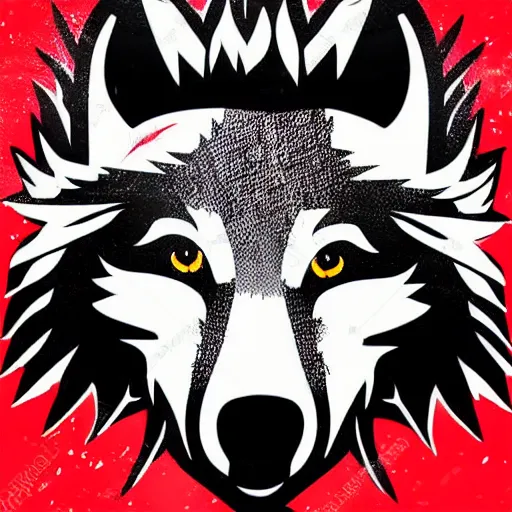 Prompt: vector illustration of a wolf with a mohawk gang tag graffiti, red and black, punk, spray smudge, masterpiece, banksy