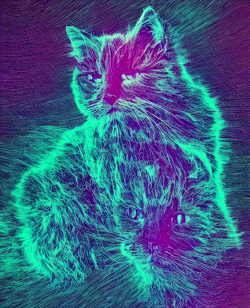 Prompt: stacked plot of radio emissions from a pulsar, abstracted light refractions and stripy interference, making up a fluffy cat, isolated on black, highly detailed high resolution, silk screen t-shirt design in the style of FELIPE PANTONE 4K