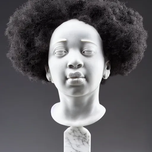 Image similar to a photorealistic all white marble sculpture of a black girl with an afro crying