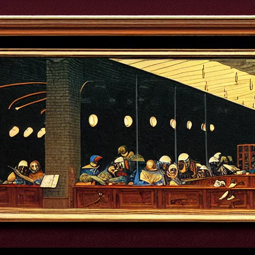 Image similar to Nighthawks by Leonardo DaVinci, illustration, highly detailed, HD