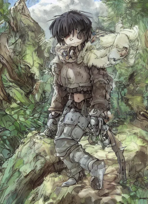 Image similar to beautiful little boy wearing an cyborg bear suit, artwork in kentaro miura and made in abyss and rosdraws, smooth, beautiful lightness, anatomically correct, trending on pixiv, forest