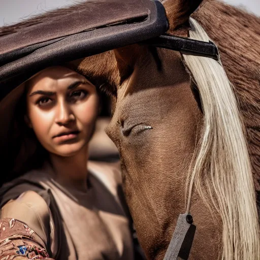 Image similar to ultra - photorealistic, middle eastern woman driving horse and handling weapon, dust, yellow cinematic, 4 k, 8 0 0 mm, uhd, vogue, winning photo of the year, sharp focus, intricate, hyperdetailed