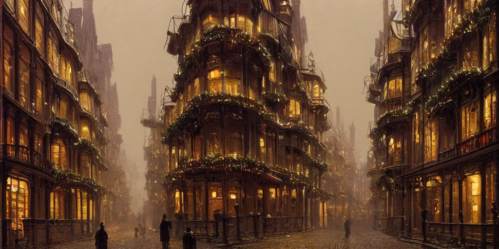 Image similar to Victorian city street with balconies and plants on a Christmas winter in London, evening, low angle view, detailed matte painting, cinematic, John Atkinson Grimshaw, Artstation
