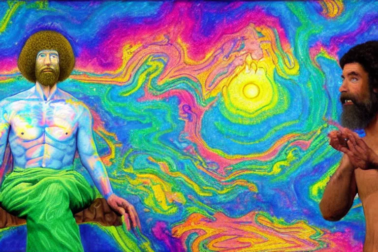 Image similar to google satellite view of a god transubstantiating into a human being, highly detailed, realistic, illustrated by bob ross and lisa frank