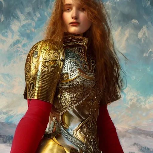 Prompt: portrait of gorgeous russian woman in armor, dramatic lighting, silver gold red details, filigree, intricate details, cinematic, elegant, octane render, art nouveau, 8k post-processing, intricate art by John Collier and Albert Aublet and Krenz Cushart and Artem Demura and Alphonse Mucha,