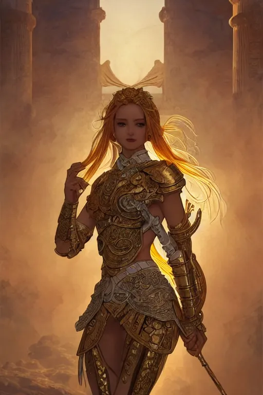 Prompt: portrait knights of zodiac girl, golden and copper shining armor, karate pose, in ruined agora of athens sunrise, ssci - fi and fantasy, intricate and very very beautiful and elegant, highly detailed, digital painting, artstation, concept art, smooth and sharp focus, illustration, art by tian zi and wlop and alphonse mucha and z - - ed