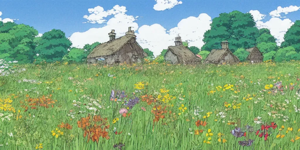 Image similar to an open field with wild flowers, with a small cottage in the distance, studio ghibli