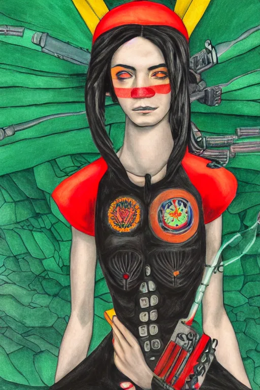 Image similar to cyberpunk girl in front of mexico flag in the style of remedios varo