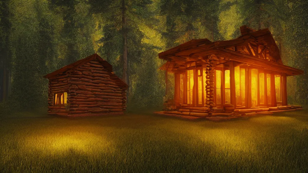 Prompt: portrait of an ethereal log cabin made of golden purple and green light, evergreen forest, divine, cyberspace, mysterious, dark high-contrast concept art, 3D render