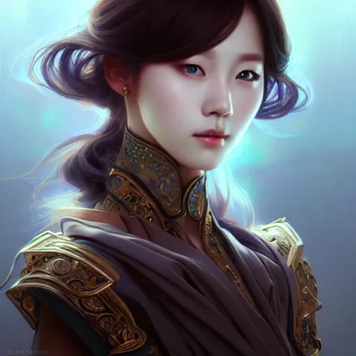 Image similar to Portrait of female korean idol, D&D, blue eyes, face, fantasy, intricate, elegant, highly detailed, digital painting, artstation, concept art, smooth, sharp focus, illustration, art by artgerm and greg rutkowski and alphonse mucha