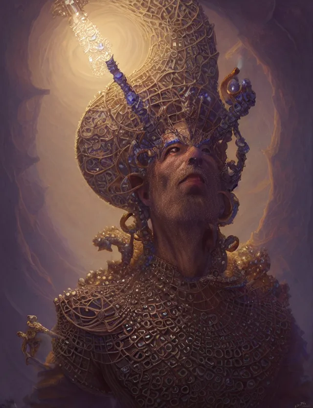 Image similar to front shot of a court jester character, hyperdimensional, bioluminescent hypercubes, ((intricate)), elegant, highly detailed, centered, (((artstation, concept art, smooth, sharp focus, artgerm, Tomasz Alen Kopera, Peter Mohrbacher, donato giancola, Joseph Christian Leyendecker, WLOP, Boris Vallejo))), mugshot!!!!!, ugly!!!!!!, octane render, nvidia raytracing demo, grainy, muted, 8K, digitalblasphemy