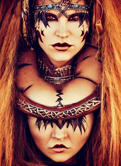 Prompt: hyper realistic photography portrait of pagan medieval tribal festival warrior curvy partygirl face cinematic, julie bell,