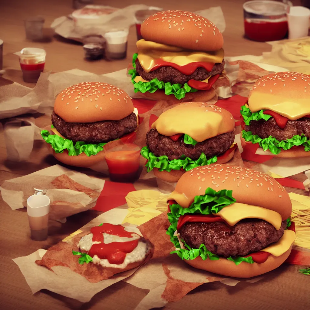 Prompt: A burger with too much ketchup all over the wrapping paper, octane render, Unreal Engine, cinematic