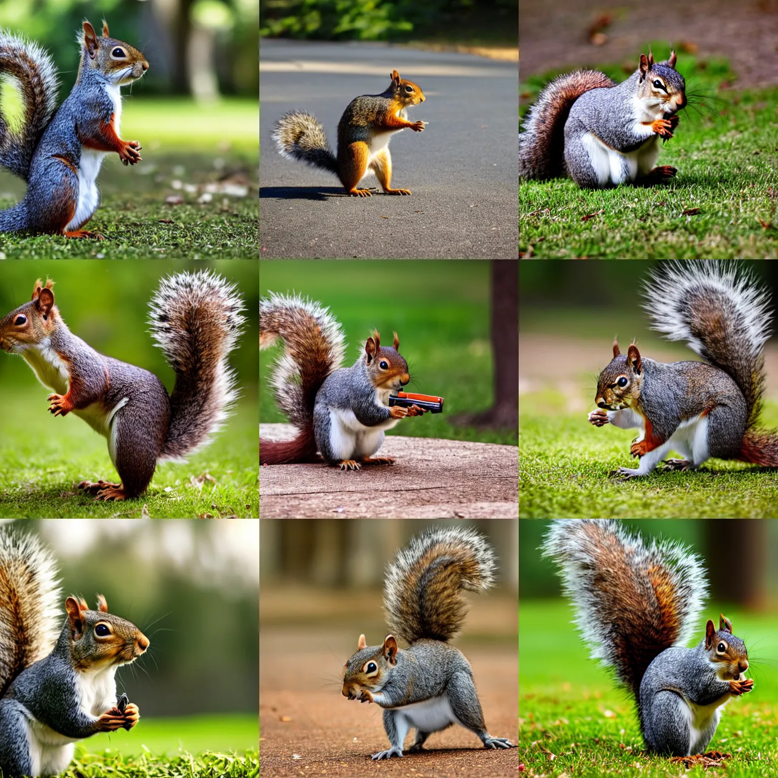 Prompt: a squirrel running through a park carrying a glock, squirrel with a gun hd photo