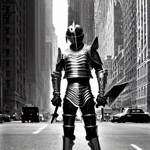 Image similar to a masterpiece ultrarealistic ultradetailed portrait of full silver armored magic knight on new york streets, mullet, hispanic man greatsword, baroque renaissance. fashion pose, photo by richard avedon and helmut newton, telephoto, intricate, elegant, by yasuhiro wakabayashi, global illumination. vfx