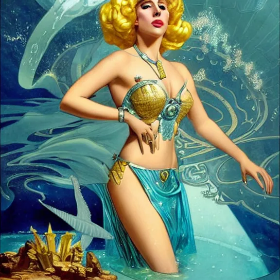 Prompt: lady gaga as princess kida the high queen of ancient atlantis, a beautiful art nouveau portrait by gil elvgren, beautiful underwater city environment, centered composition, defined features, golden ratio, silver jewelry, stars in her gazing eyes