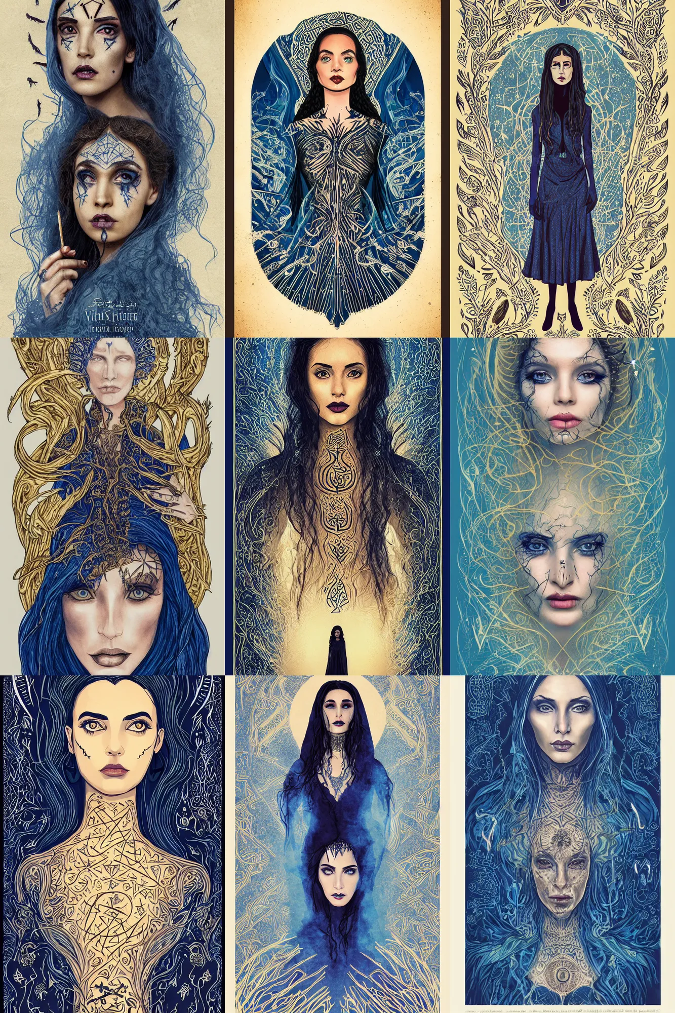 Prompt: young middle eastern woman, strange golden eldritch rune tattoos, blue silk dress, heavy makeup. the witch. illustration. movie poster. masterwork.