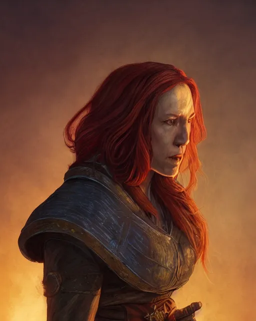 Prompt: the elder scrolls vi, charismatic hooded rugged female redhead breton battlemage portrait, illustration, rim light, top light, perfectly shaded, golden hour, epic, intricate, soft painting, by leesha hannigan, ross tran, thierry doizon, kai carpenter, ignacio fernandez rios