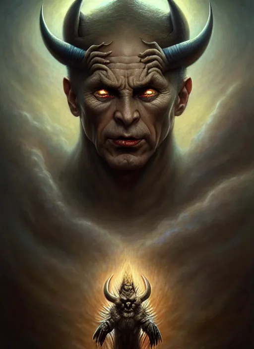 Image similar to putin as an devil, aesthetic, fine art, intricate, elegant, highly detailed, realistic hair, centered, digital painting, art station, conceptual art, soft, sharp focus, illustration, artwork, artgerm, tomasz alen kopera, peter mohrbacher, donato giancola, wlop, boris vallejo