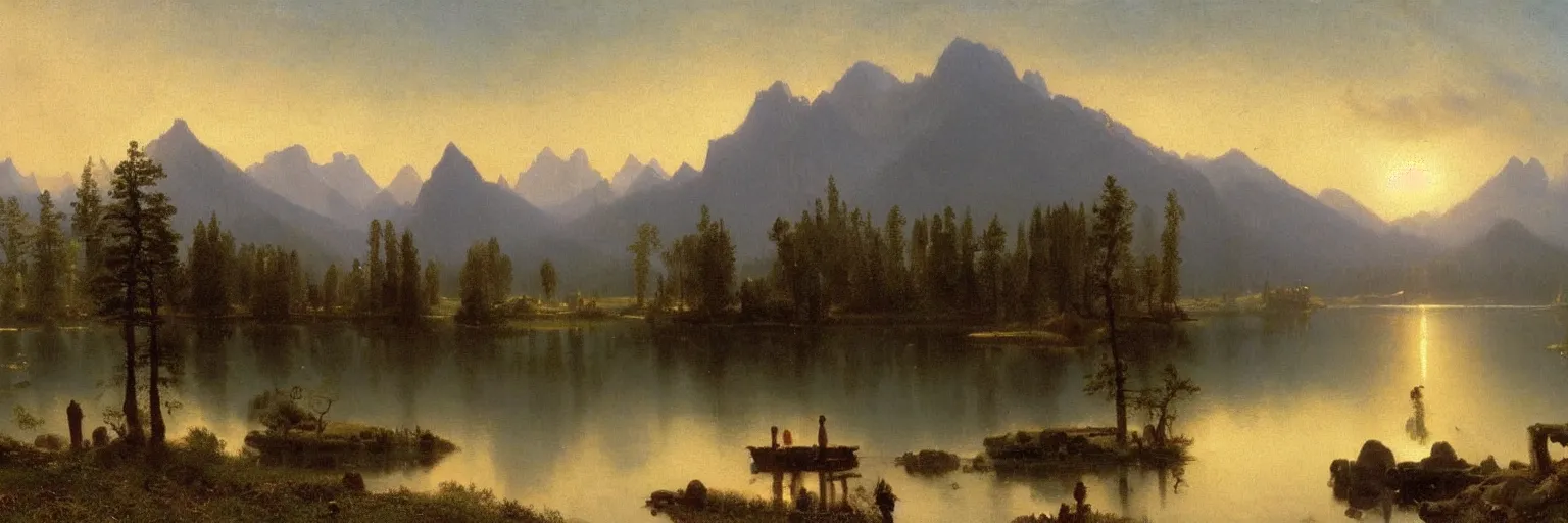 Prompt: beautiful albert bierstadt landscape painting of beautiful mountains and lakes with a mcdonald ’ s fast food restaurant in the scene