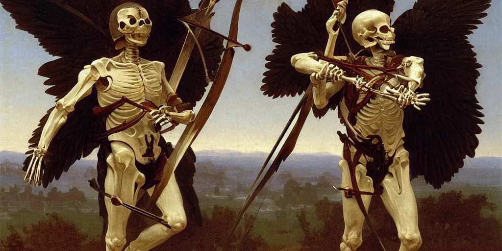 Image similar to portrait of a skeleton archer with big sword, wearing helmets and armor with wings, symmetrical, solemn, sacred, aura, by bouguereau