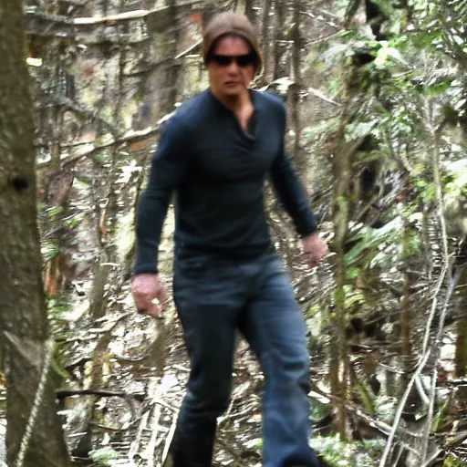 Prompt: blurry photograph of tom cruise spotted in the forest, high definition