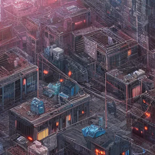 Image similar to Post-apocalyptic Cybercity. Aerial view. Isometric. detailed textured illustration by Moebius and Marc Simonetti. cluttered building apartments, electrical wires madness, grainy textures Vray, Depth of field