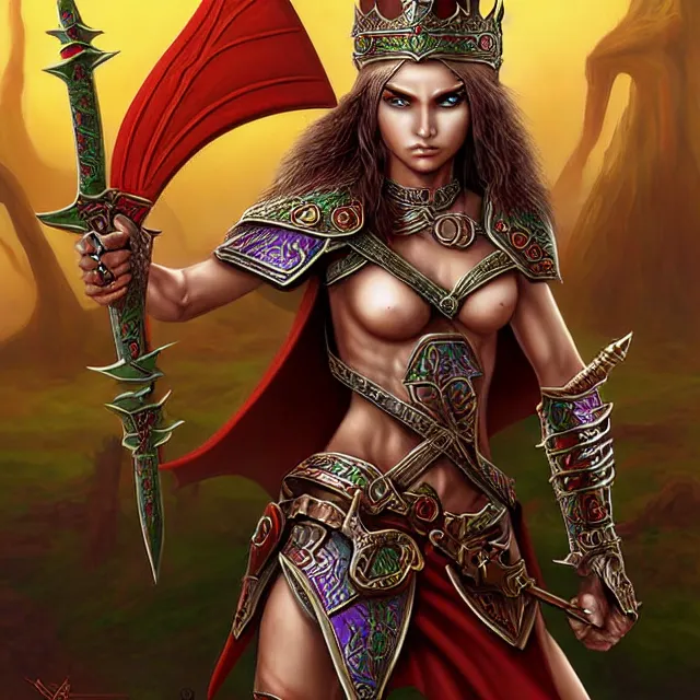 Prompt: warrior elf queen, highly detailed, 4 k, hdr, smooth, sharp focus, high resolution, award - winning photo, illustrated by anne stokes