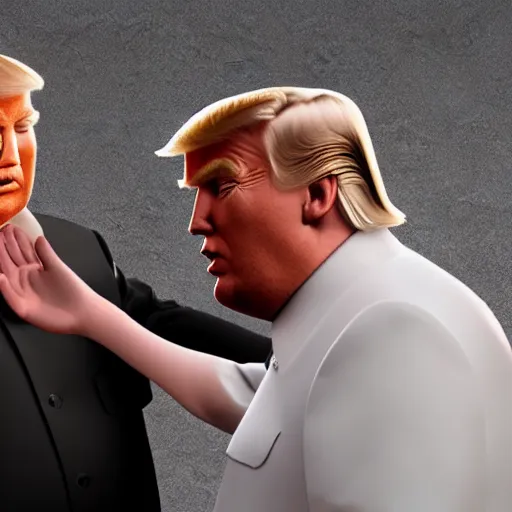 Image similar to Donald Trump poking Kim Jong un's nose, octane render, Ray tracing reflection, natural lighting, full body