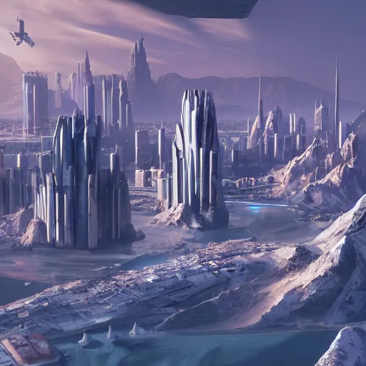 Prompt: A coastal city near some snow-capped mountains, sci-fi, 8k photorealistic, coruscant from star wars, futuristic architecture