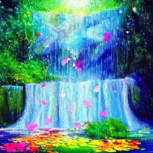 Image similar to waterfall with water full of broken mirror pieces and tiny colorful flower petals, bright saturated colors, scintillating lens flares and colorful sparks, trending on ArtStation, beautiful!!! stunning!!! waterfall, impressionistic oil on canvas