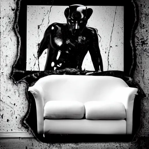 Image similar to a shiny black goo covered panther laying on a white couch in a living room, dripping black goo. digital art, photography, latex, reflective. highly detailed, 4 k, photograph