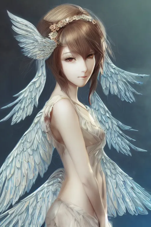 Prompt: Portrait of beautiful anime maiden with angelic wings, intricate, elegant, highly detailed, artstation, concept art, illustration, art by Yoshitaka Amano, Sakimichan, Kuvshinov Ilya, tsuaii