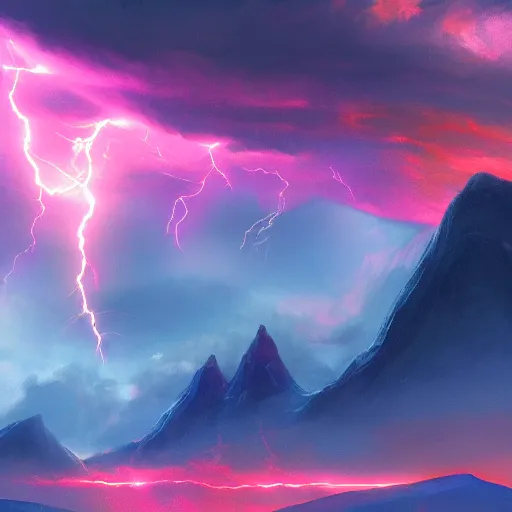 Prompt: arcane ruby lightning stormclouds a mountain range, artstation national geographic, high fantasy